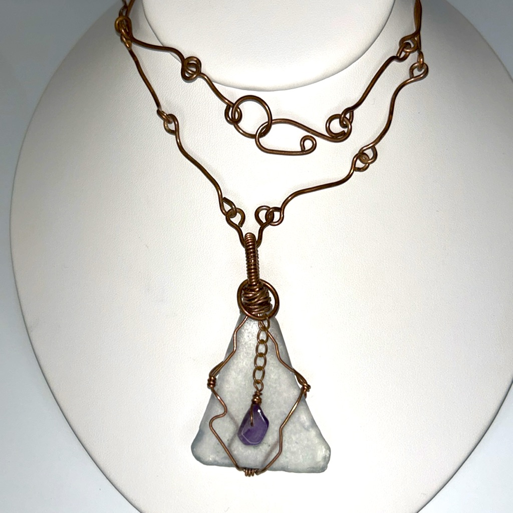 Hand Forged Solid Copper Necklace Sea Glass Amethyst Dangle Pendant Nautical